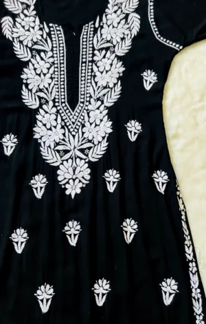 BLACK LONG MODAL KURTA WITH WHITE CHIKANKARI