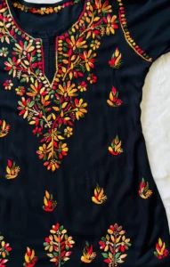 NAAZ BLACK SHORT RAYON KURTA WITH MULTI COLOUR CHIKANKARI