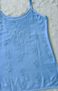 HEER ICE BLUE SLEEVELESS SHORT RAYON KURTI