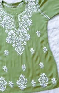 RHEA PISTA GREEN SHORT RAYON KURTA WITH WHITE CHIKANKARI