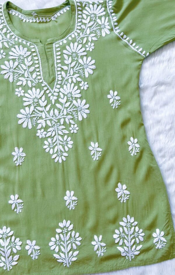 RHEA PISTA GREEN SHORT RAYON KURTA WITH WHITE CHIKANKARI