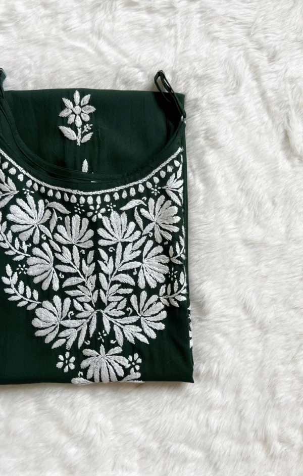 RIDA FOREST GREEN SLEEVELESS RAYON CHIKANKARI KURTA