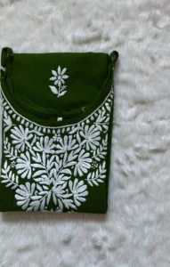RIDA OLIVE GREEN SLEEVELESS RAYON CHIKANKARI KURTA