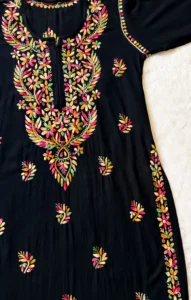 SARA BLACK MULTI LONG RAYON CHIKANKARI KURTI