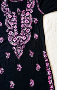 SARA BLACK & BABY PINK LONG RAYON CHIKANKARI KURTI