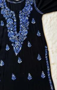 SARA BLACK & BLUE LONG RAYON CHIKANKARI KURTI