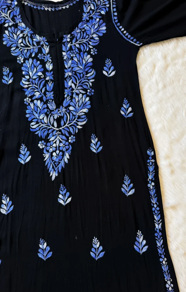 SARA BLACK & BLUE LONG RAYON CHIKANKARI KURTI