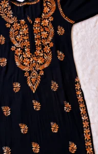 SARA BLACK & ORANGE LONG RAYON CHIKANKARI KURTI
