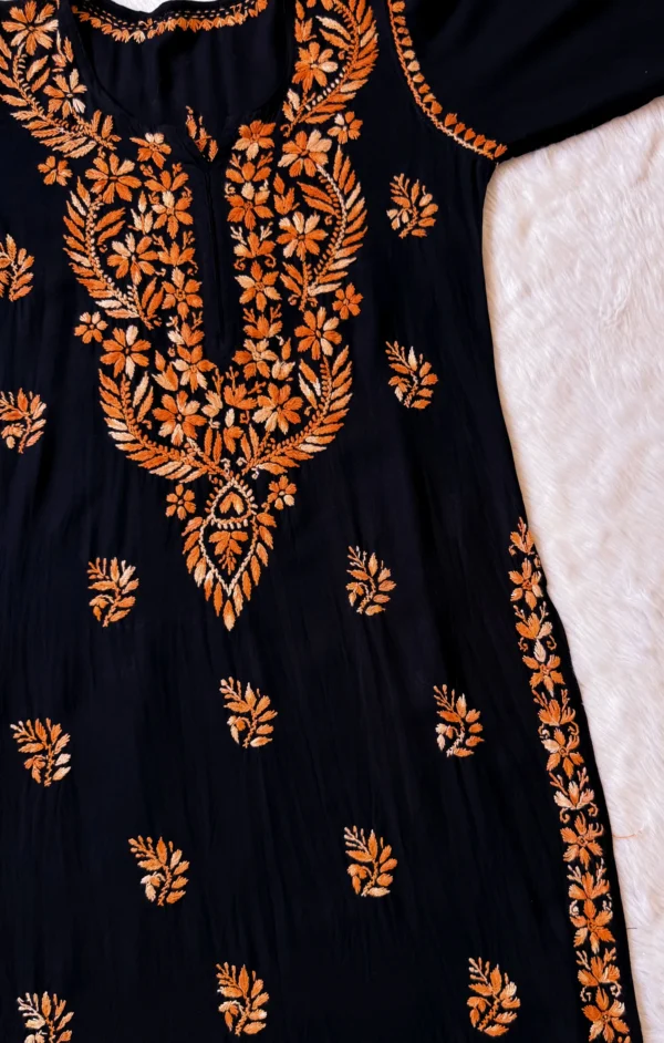 SARA BLACK & ORANGE LONG RAYON CHIKANKARI KURTI