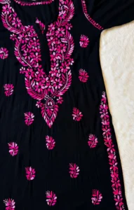 SARA BLACK & PINK LONG RAYON CHIKANKARI KURTI