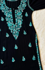 SARA BLACK & TEAL LONG RAYON CHIKANKARI KURTI