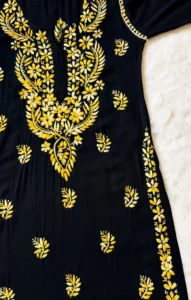 SARA BLACK & YELLOW LONG RAYON CHIKANKARI KURTI