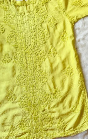 SOHA LIME YELLOW CHANDERI SHORT KURTI WITH CHIKANKARI HANDWORK