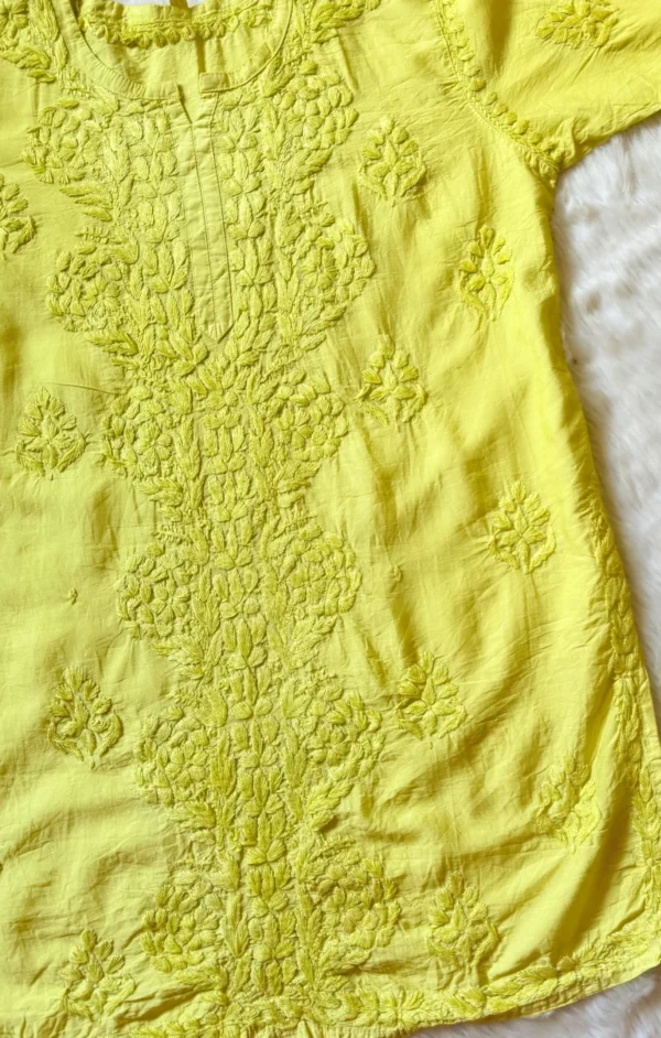 SOHA LIME YELLOW CHANDERI SHORT KURTI WITH CHIKANKARI HANDWORK