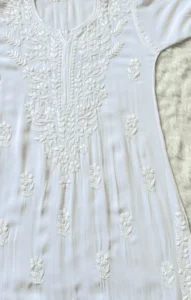 WHITE LONG MODAL KURTA WITH CHIKANKARI HANDWORK