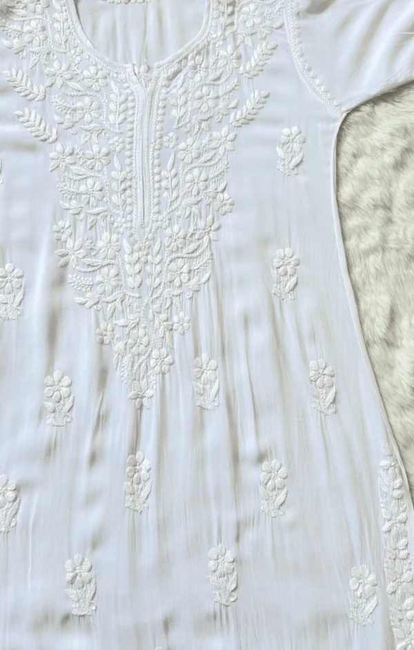 WHITE LONG MODAL KURTA WITH CHIKANKARI HANDWORK