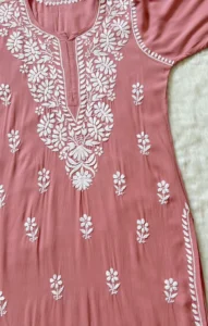 ZARA BLUSH PINK LONG RAYON KURTA WITH WHITE CHIKANKARI