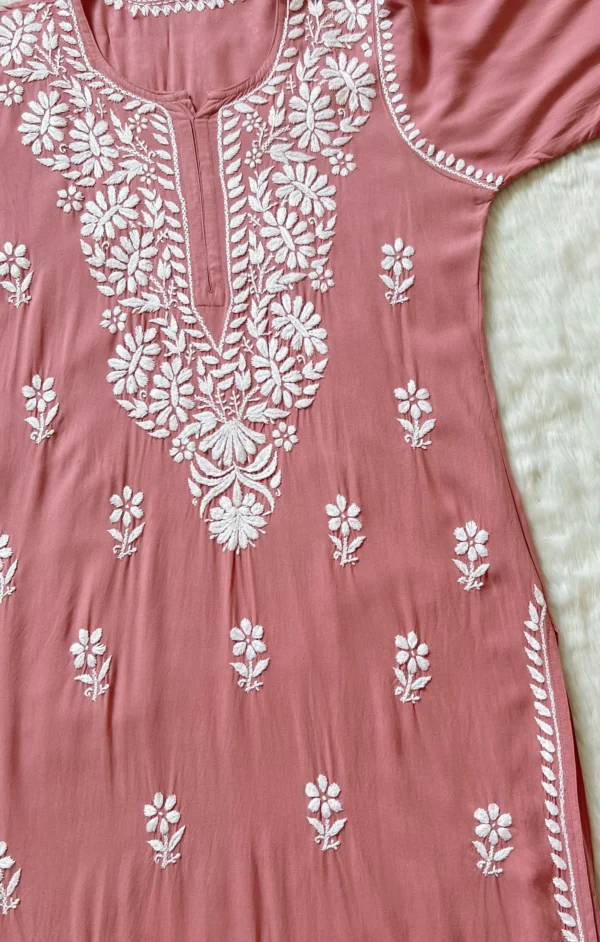 ZARA BLUSH PINK LONG RAYON KURTA WITH WHITE CHIKANKARI