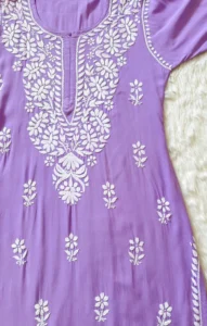ZARA LAVENDER LONG RAYON KURTA WITH WHITE CHIKANKARI