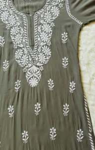 ZARA MOSS GREEN LONG RAYON KURTA WITH WHITE CHIKANKARI
