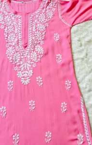 ZARA PINK LONG RAYON KURTA WITH WHITE CHIKANKARI