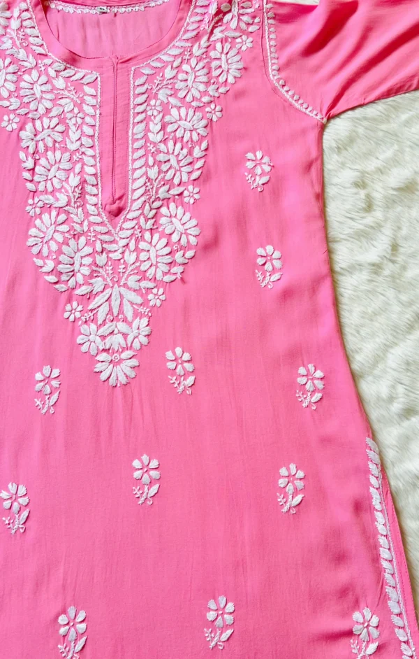 ZARA PINK LONG RAYON KURTA WITH WHITE CHIKANKARI