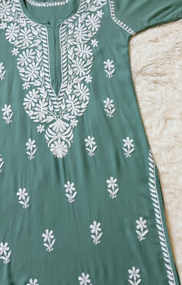 ZARA SAGE GREEN LONG RAYON KURTA WITH WHITE CHIKANKARI