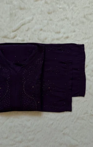 ZIYA DARK PURPLE CHIKANKARI RAYON MUKESH KURTA BOTTOM SET