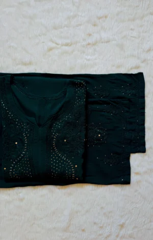 ZIYA FOREST GREEN CHIKANKARI RAYON MUKESH KURTA BOTTOM SET