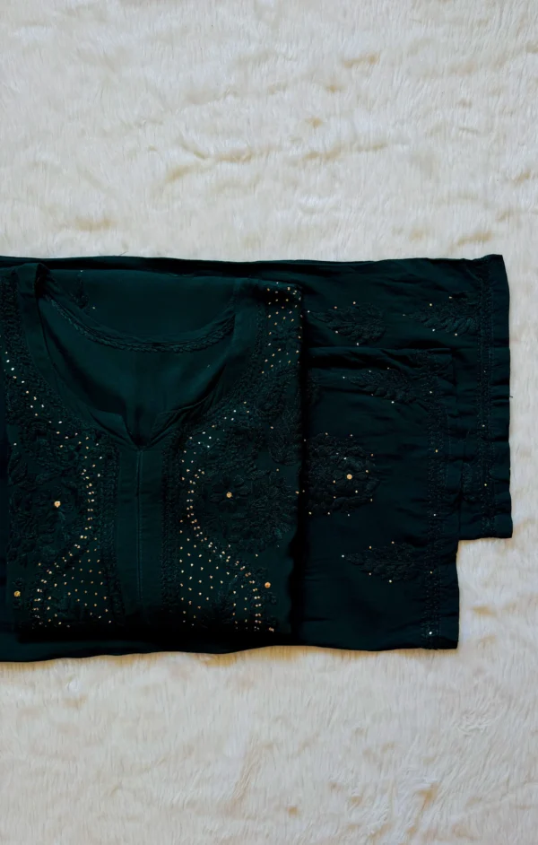 ZIYA FOREST GREEN CHIKANKARI RAYON MUKESH KURTA BOTTOM SET