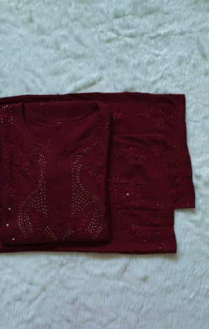 ZIYA MAROON CHIKANKARI RAYON MUKESH KURTA BOTTOM SET