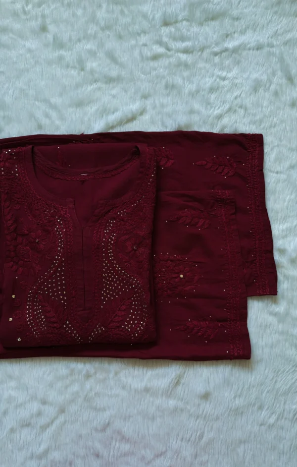 ZIYA MAROON CHIKANKARI RAYON MUKESH KURTA BOTTOM SET