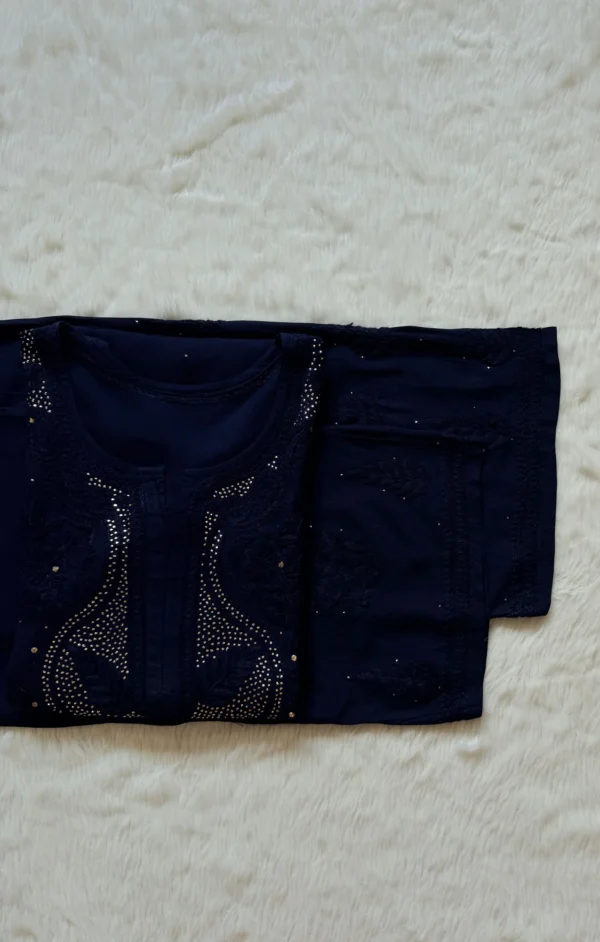 ZIYA NAVY BLUE CHIKANKARI RAYON MUKESH KURTA BOTTOM SET
