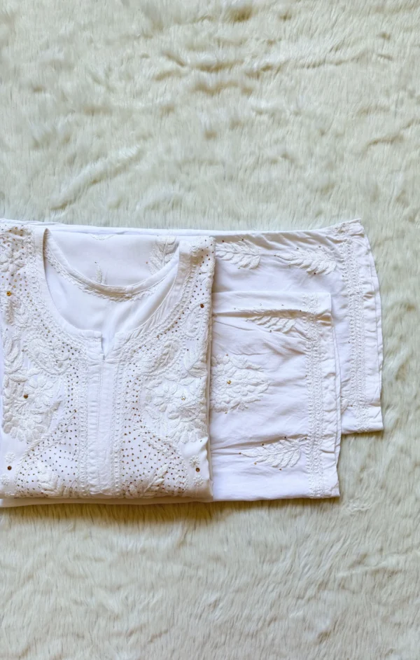 ZIYA WHITE CHIKANKARI RAYON MUKESH KURTA BOTTOM SET