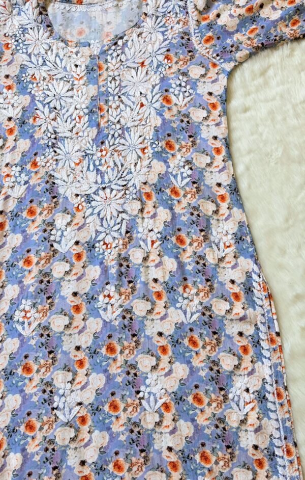SEHR SKY BLUE RAYON PRINTED CHIKANKARI KURTI