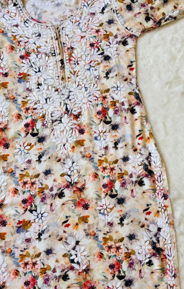FIZA CREAM RAYON PRINTED CHIKANKARI KURTI