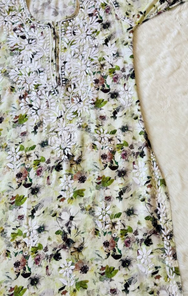 FIZA OLIVE GREEN RAYON PRINTED CHIKANKARI KURTI