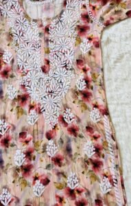 MEHR BLUSH PINK RAYON PRINTED CHIKANKARI KURTI